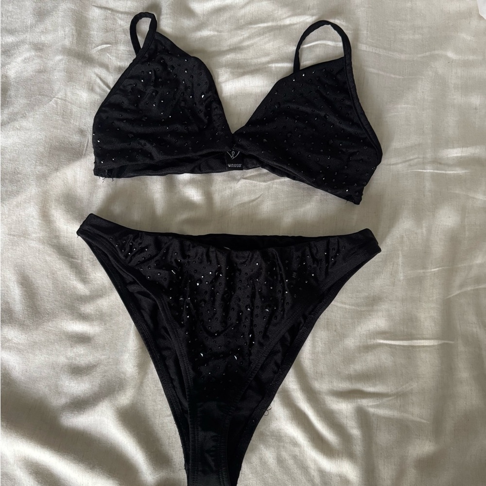 Black Rhinestone Two-Piece Bikini Set